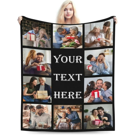 Custom Blankets with Photos and Text Personalized Flannel Throw Blankets Customized Memorial Blanket Gifts for Adult Couple Family Wedding Christmas Birthday Valentines Day Black 50"x40"