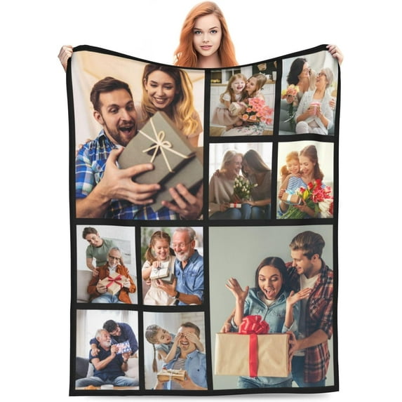 Custom Blankets with Photos and Text Personalized Flannel Throw Blankets Customized Memorial Blanket Gifts for Adult Couple Family Wedding Christmas Birthday Valentines Day Black 50"x40"