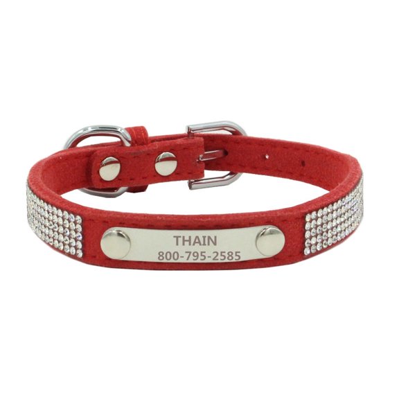 Custom Bling Rhinestone Dog Collar – Soft PU Leather, 5-Hole Adjustable, Laser Engraved, Fit Small Medium Large Dogs XS-L (XS, Red)