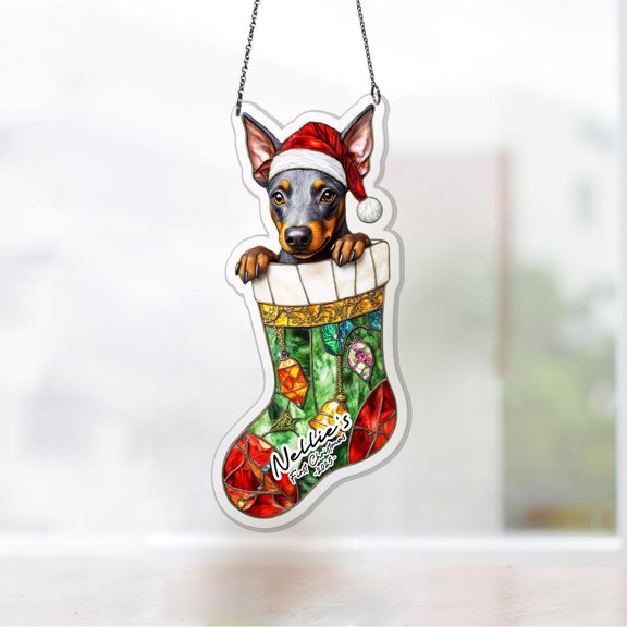 Custom Blue Doberman Pinscher Acrylic Suncatcher Christmas Stocking Santa Hat Gift Dog Mom Pet First Christmas Holiday Keepsake