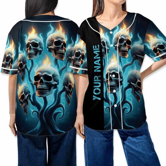 Custom Blue Flame Skull Baseball Jersey – Personalized Name Shirt, Gothic Fire Skull Halloween Team Costume Top