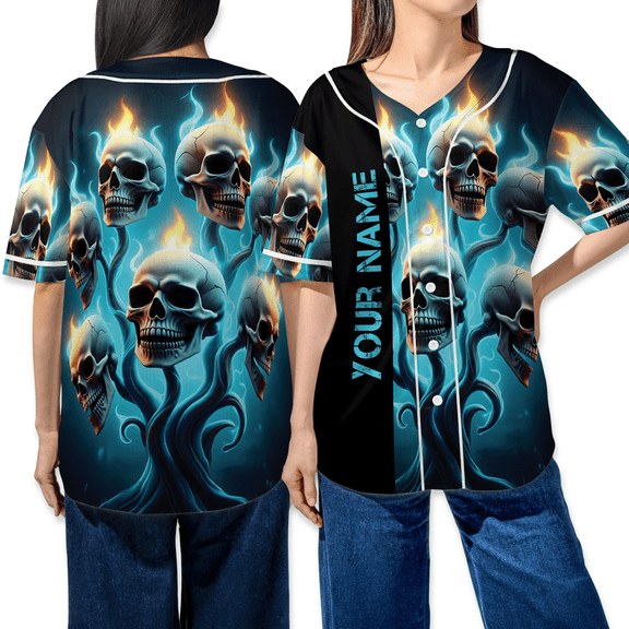 Custom Blue Flame Skull Baseball Jersey – Personalized Name Shirt, Gothic Fire Skull Halloween Team Costume Top
