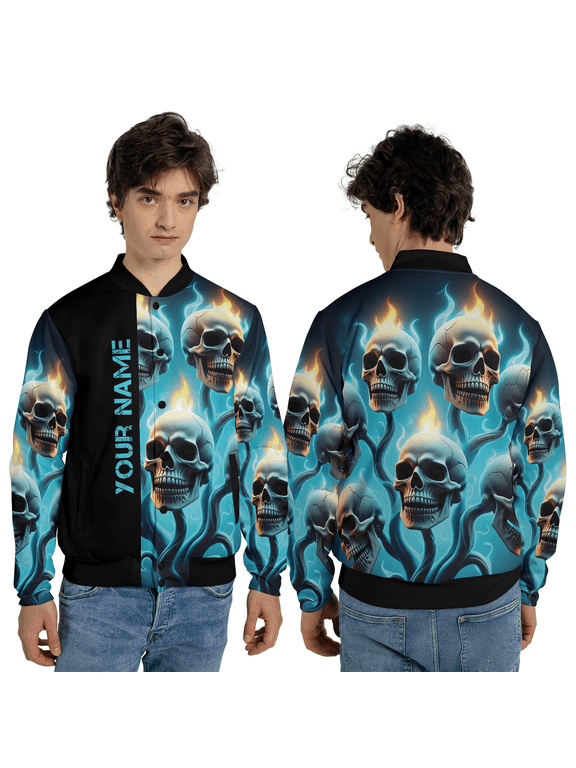Custom Blue Flame Skull Coat, Personalized Name Gothic Fire Skull Outerwear, Halloween Skull Jacket