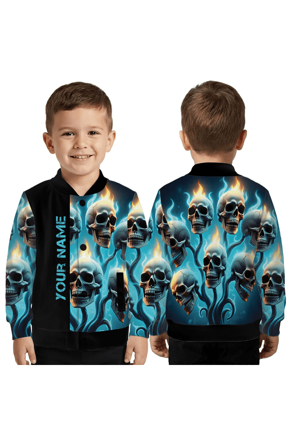 Custom Blue Flame Skull Coat, Personalized Name Gothic Fire Skull Outerwear, Halloween Skull Jacket