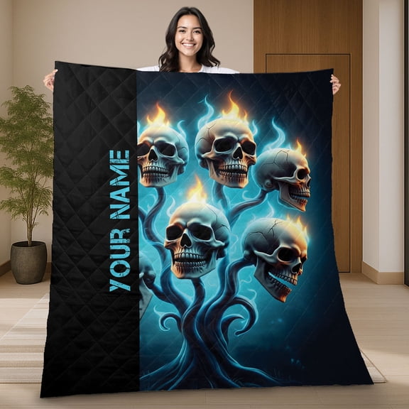Custom Blue Flame Skull Quilt Blanket – Personalized Name Gothic Fire Skull Halloween Quilt, Unique Blanket Gift for Skull Lovers