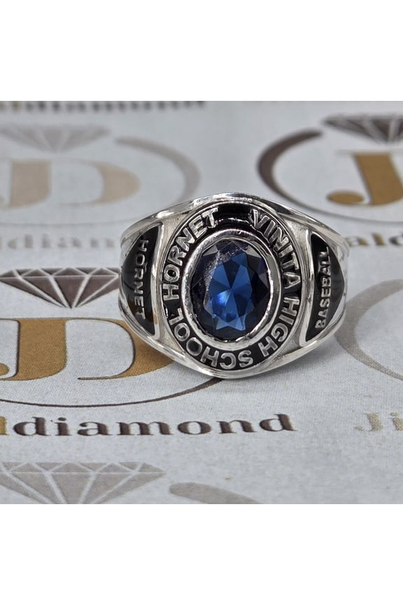 Custom Blue Oval Stone Style Fashion Ring with Bold Engraved Letter Detailing and Bold Finish High School Ring 925 Sterling Silver