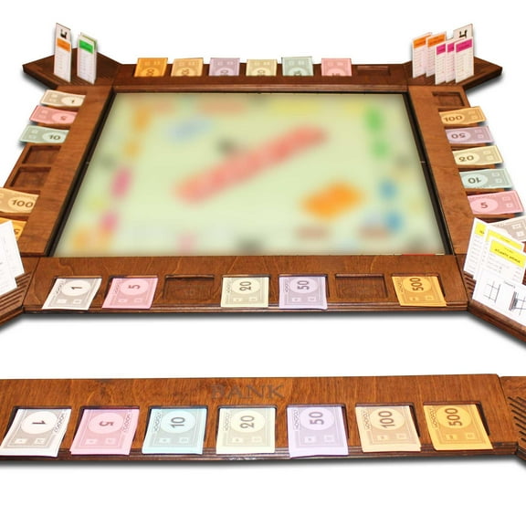 Custom Board Game Frame Personalized Game Board Organizer Compatible with Monopoly Board Game and Monopoly Game Pieces | Economic Themed Game Organizer | Complete Set | Red Oak