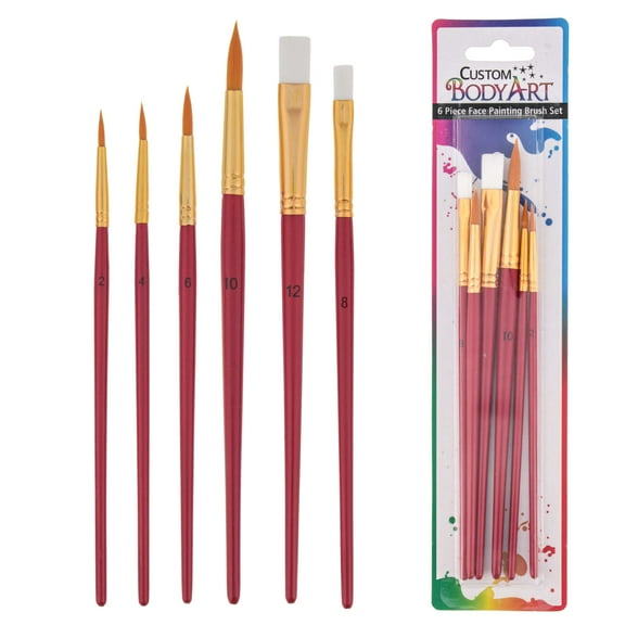 Custom Body Art 6 Piece Nylon Hair Face Painting Brush Set - 4 Round Size 2-4-6-10, 2 Flat Size 8-12