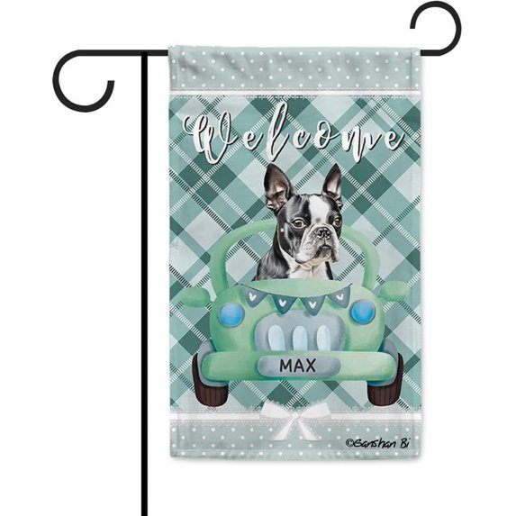 Custom Boston Terrier Green Check Plaid Welcome Garden Flag Watercolor Dog Drive a Car Bow Polka Dots Decorative Yard Outdoor Flag Banner 12.5X18 Inch Double Side