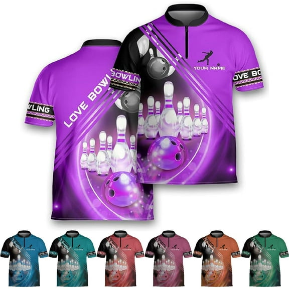 Custom Bowling Jerseys for Men Women Personalized Team Name Quarter Zip 3D Apparel Customized Bowling Jersey Shirts Unisex (Purple, S)