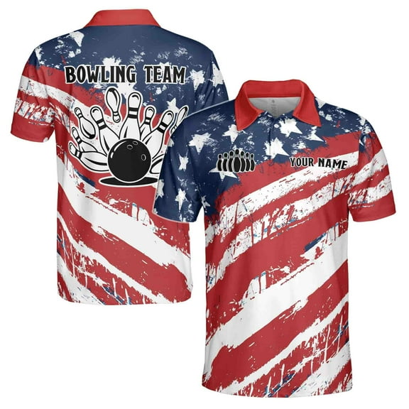 Custom Bowling Sport Patriotic American Flag Men's Polo Shirt S-5XL