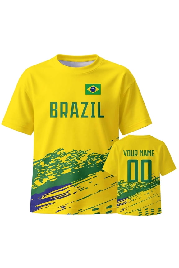 Custom Brazil National Team Football Shirt with Personalized Name & Number – Yellow & Green Soccer Jersey for Fans & Supporters – Breathable Short Sleeve Tee for Matches & Casual Wear (S-XXXL)