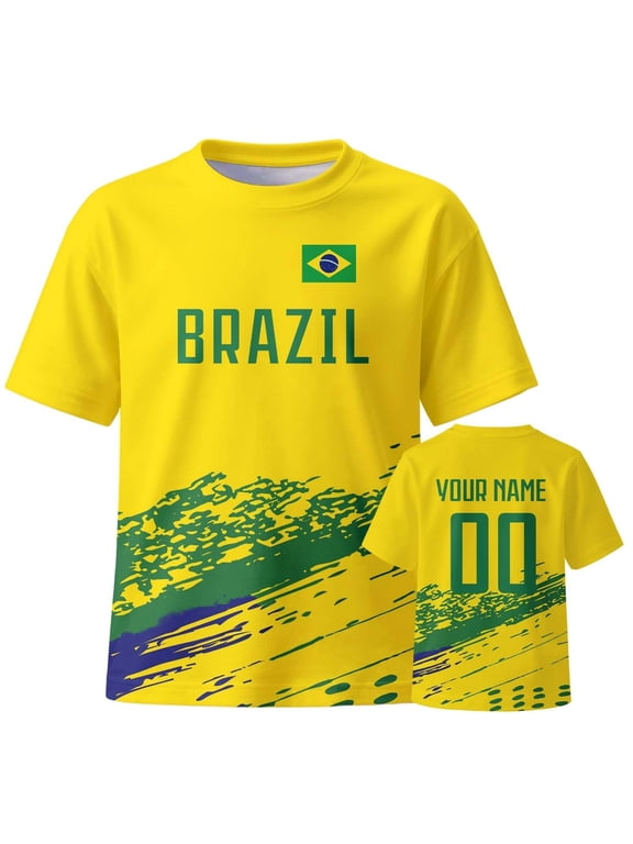 Custom Brazil National Team Football Shirt with Personalized Name & Number â Yellow & Green Soccer for Fans & Supporters â Breathable Short Sleeve Tee for Matches & Casual Wear (S-XXXL)