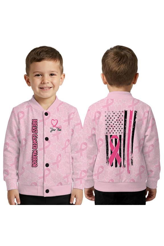 Custom Breast Cancer Awareness Baseball Jacket – Personalized Name Pink Ribbon & Flag Design, October Awareness Baseball Jacket