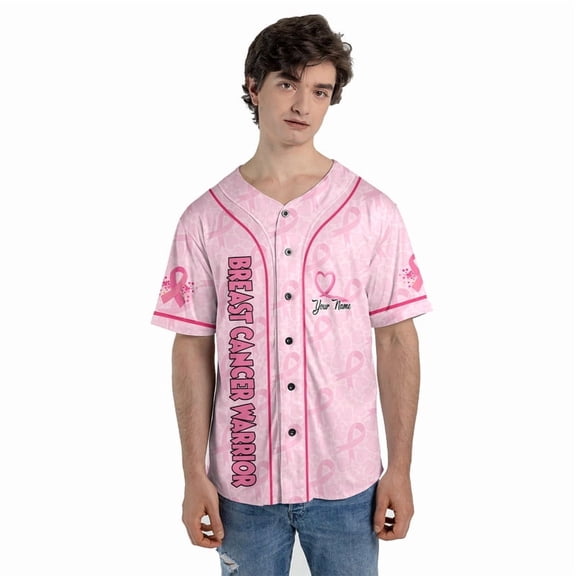 Custom Breast Cancer Awareness Baseball Jersey – Personalized Name Shirt with Pink Ribbon & Flag Design