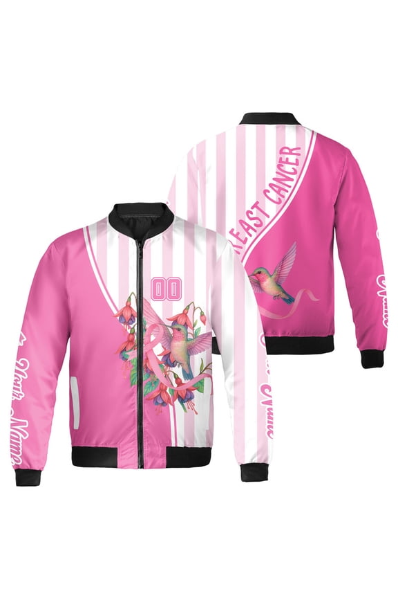 Custom Breast Cancer Awareness Bomber Jacket with Hummingbird and Pink Ribbon – Personalized Name Support Gift for Women – Stylish October Outerwear for Survivors and Fighters
