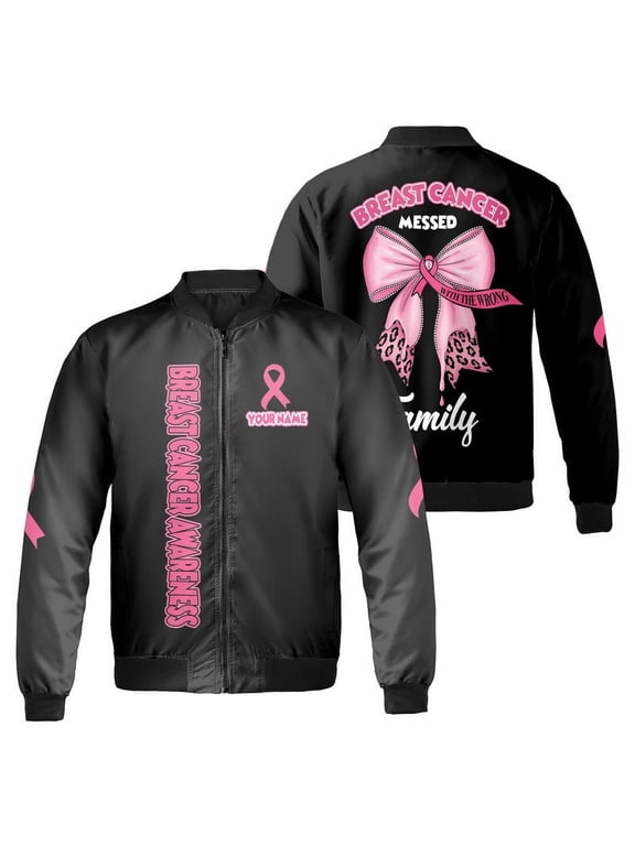 Custom Breast Cancer Awareness Bomber Jacket – Personalized Name Jacket with Pink Ribbon – October Support Apparel for Men & Women