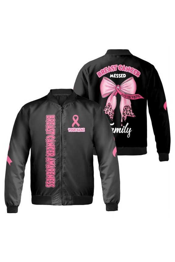 Custom Breast Cancer Awareness Bomber Jacket – Personalized Name Jacket with Pink Ribbon – October Support Apparel for Men & Women