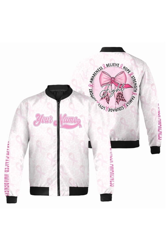Custom Breast Cancer Awareness Bomber Jacket with Pink Ribbon Design – Personalized Name Fight Cancer Outerwear for Women – October Support Gift for Survivors and Fighters
