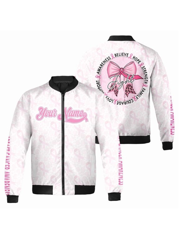 Custom Breast Cancer Awareness Bomber Jacket with Pink Ribbon Design – Personalized Name Fight Cancer Outerwear for Women – October Support Gift for Survivors and Fighters