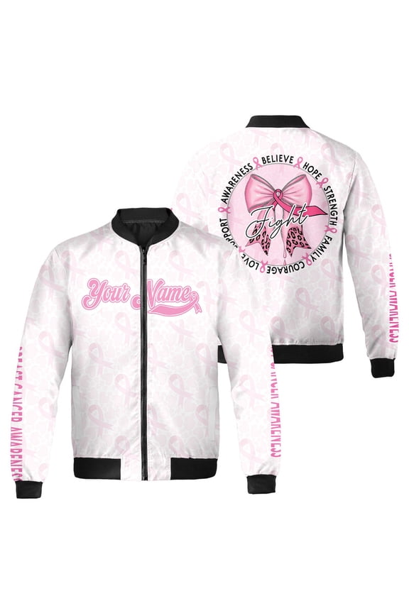Custom Breast Cancer Awareness Bomber Jacket with Pink Ribbon Design – Personalized Name Fight Cancer Outerwear for Women – October Support Gift for Survivors and Fighters