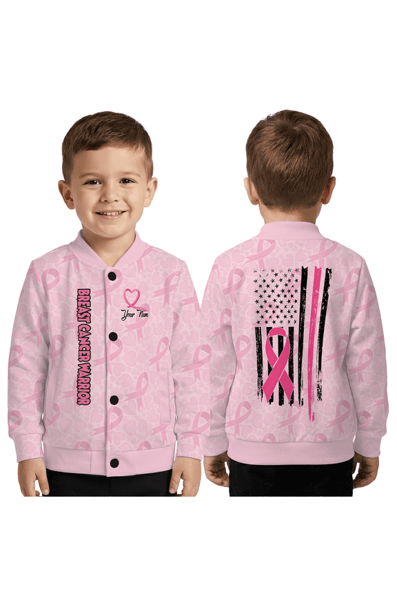 Custom Breast Cancer Awareness Jacket – Personalized Name Pink Ribbon & Flag Design, October Awareness Baseball Jacket