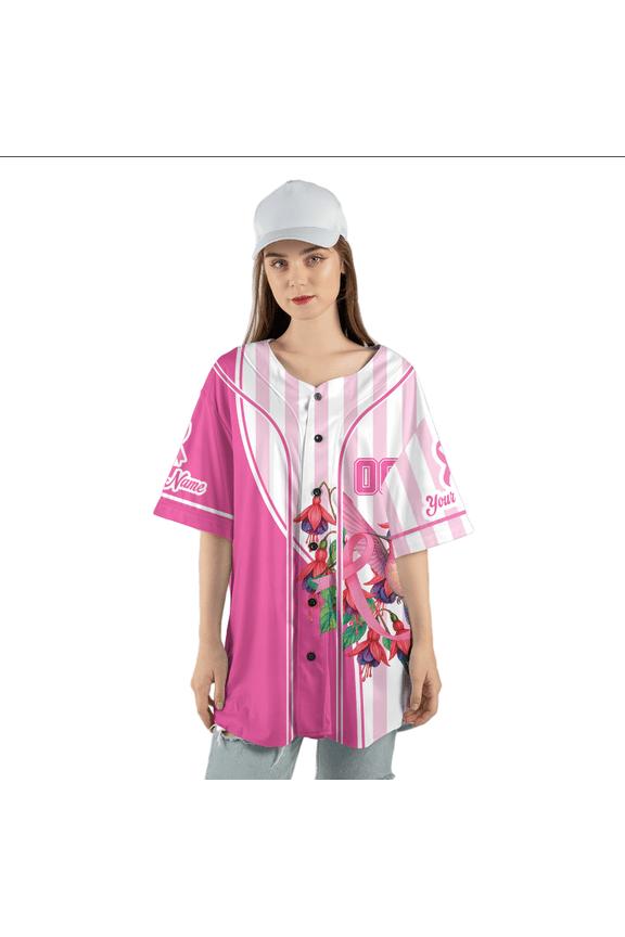 Custom Breast Cancer Awareness Jersey – Pink Ribbon Baseball Shirt with Floral & Hummingbird Design – Personalized Support Top