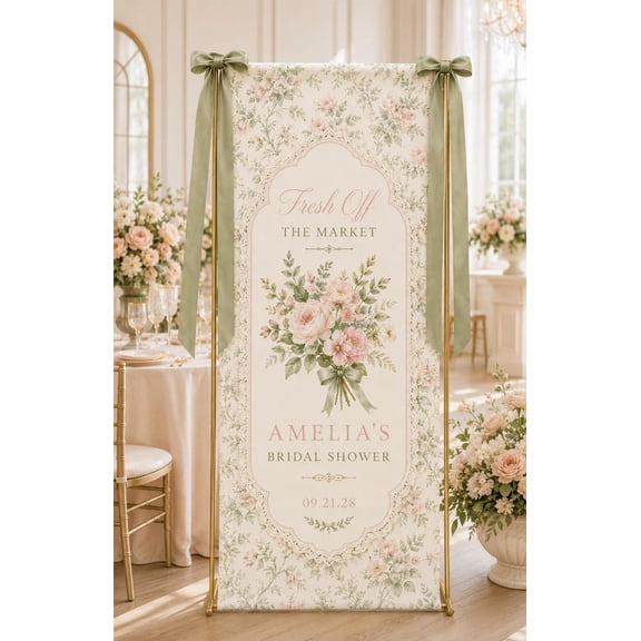 Custom Bridal Shower Fabric Banner, Personalized Welcome Sign, Fresh Off The Market Party Backdrop, Bridal Decor Gift