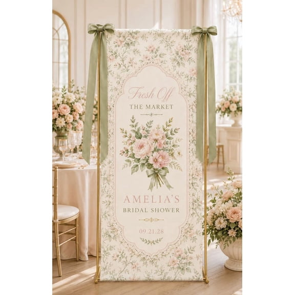 Custom Bridal Shower Fabric Banner, Personalized Welcome Sign, Fresh Off The Market Party Backdrop, Bridal Decor Gift