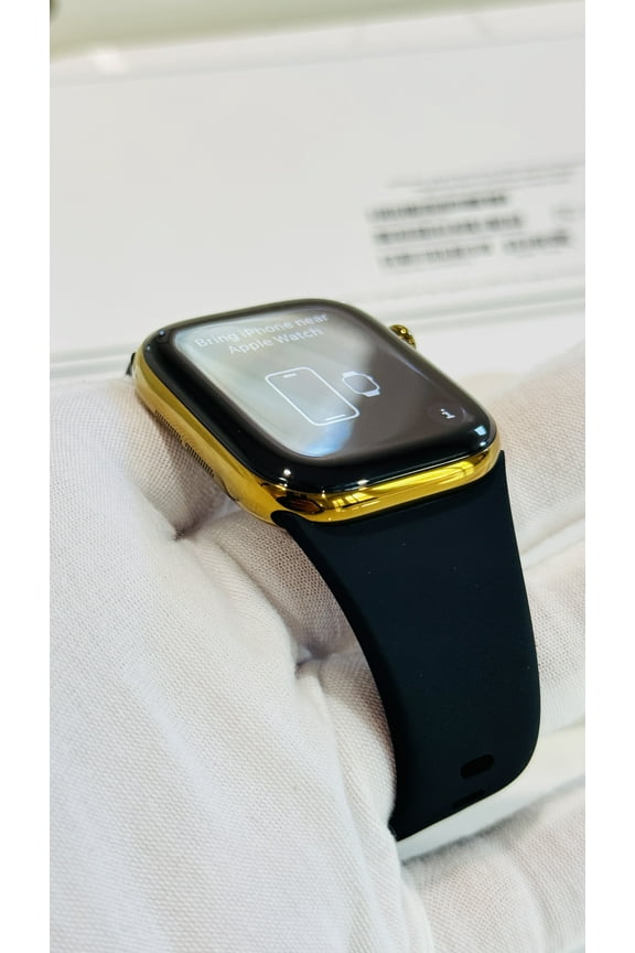Custom Bright Gold 46mm iWatch Series 10 with a Black Sport Band Gold Plated Pin 2024 Release