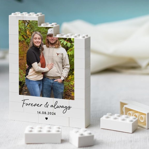 Custom Building Brick Photo Frame, Personalized Picture Block Puzzle with Name and Date, DIY Building Blocks Keepsake for Couples, Family, or , Valentine and Holiday Decor