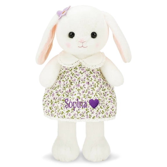 Custom Bunny Plush in Dress with Personalized Name – Stuffed Rabbit Toy with Embroidered Text, Cute Gift for Baby Girls, Kids, Easter, Birthday, or Valentine Purple
