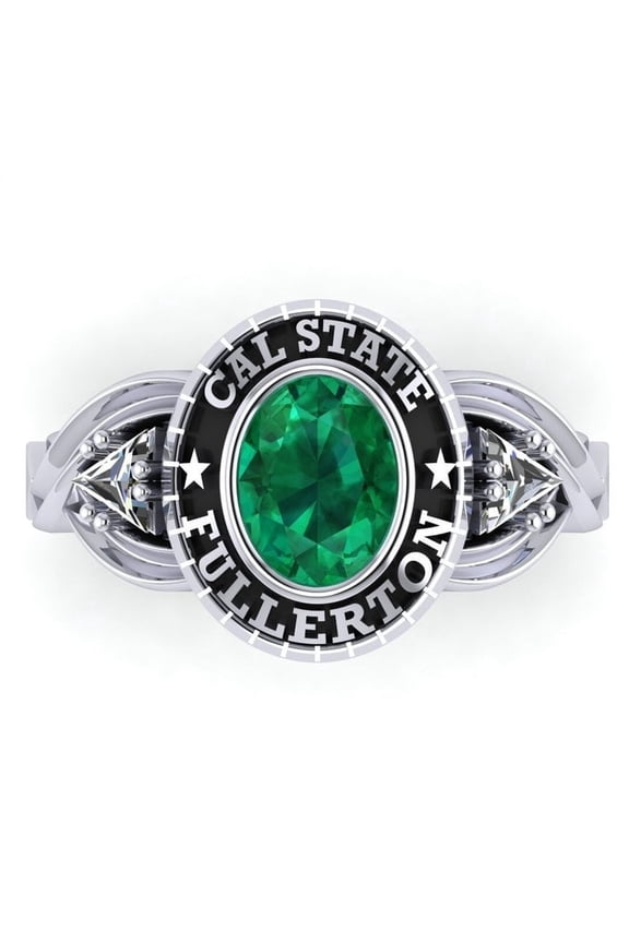 Custom Cal State Fullerton Ring Personalized Academic Design Inside Engraving Green Oval Stone Clear Accents 925 Sterling Silver
