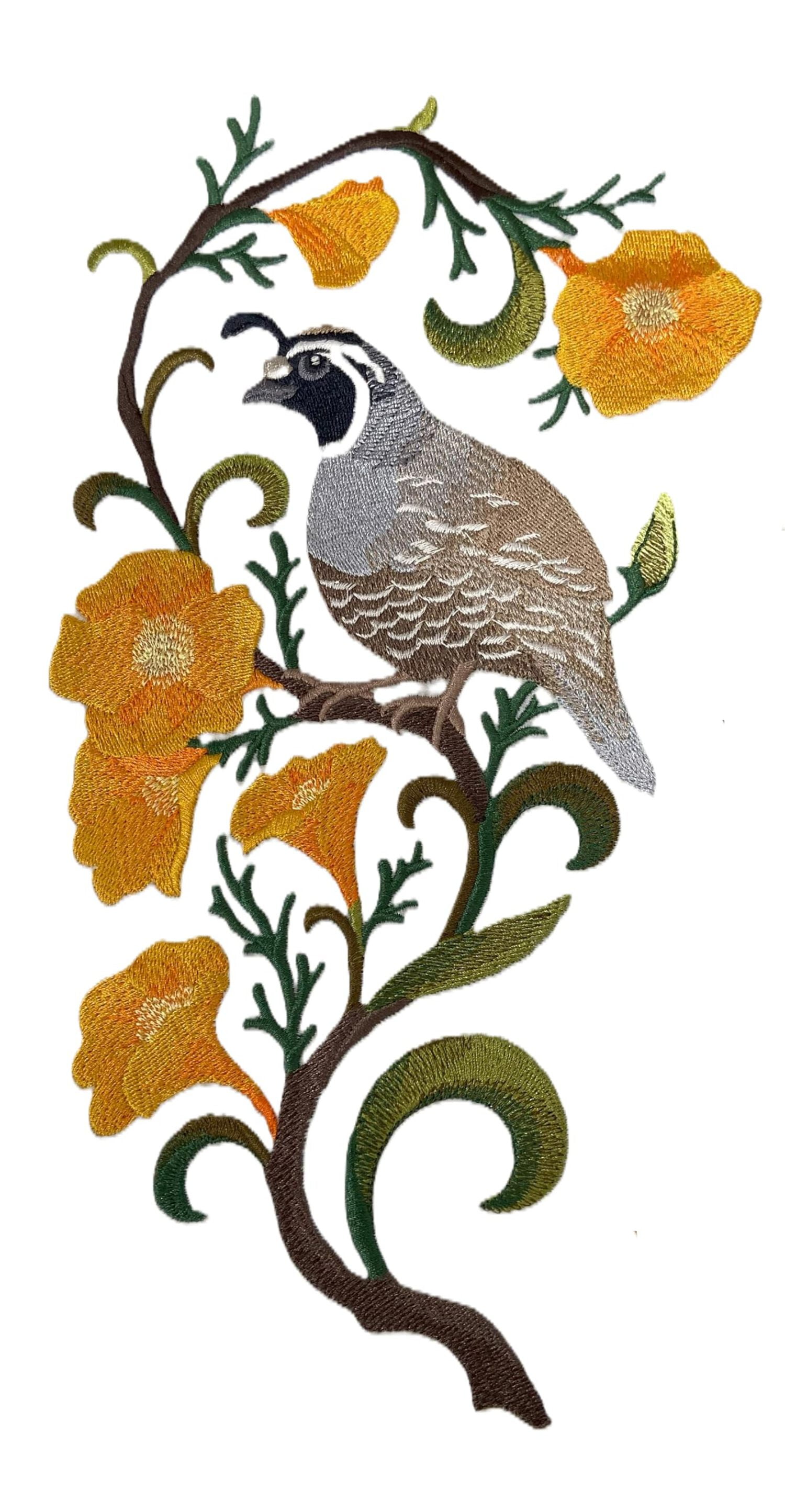Custom California Quail and California Poppy Medley Bird Embroidery Iron On/Sew Patch - Beyond Vision (6.34" x 11.8")