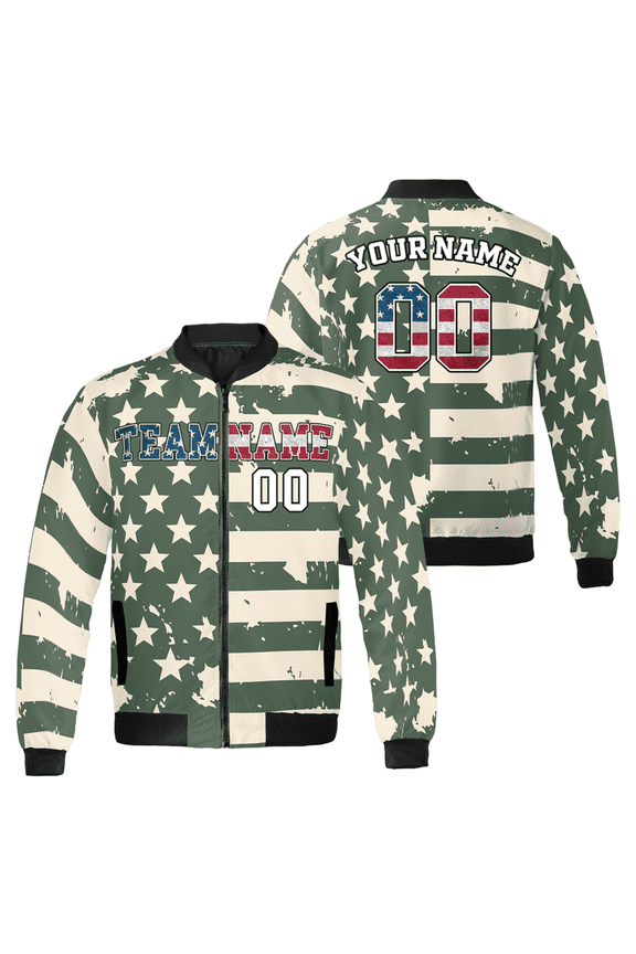 Custom Camo Military American Flag Bomber Jacket – Personalized Patriotic Camouflage Zip-Up Coat – Name & Number Jacket for Veterans & Teams