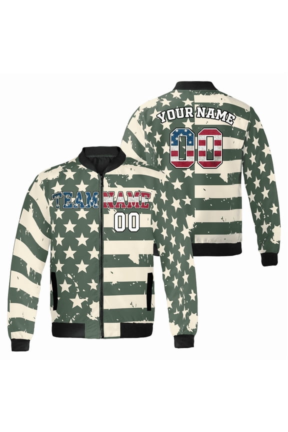 Custom Camo Military American Flag Bomber Jacket – Personalized Patriotic Camouflage Zip-Up Coat – Name & Number Jacket for Veterans & Teams