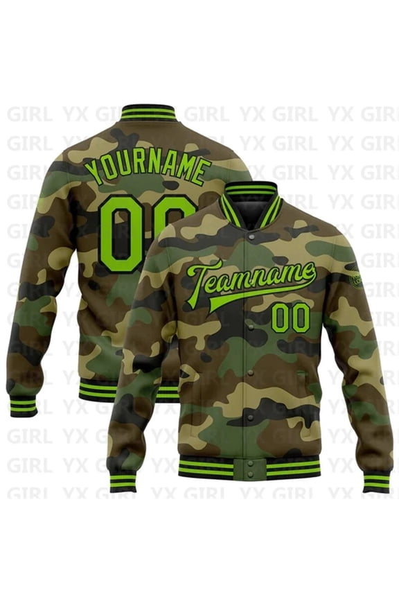 Custom Camo Neon Green-Navy Bomber Full-Snap Varsity Letterman Salute To Service Jacket 3D