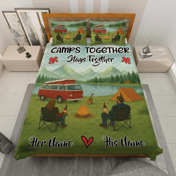 Custom Camping Couple Quilt Bedding Set – Camps Together Stays Together – Personalized His and Her Name Quilt Bed Set – Romantic Gift for Campers, Outdoor Lovers