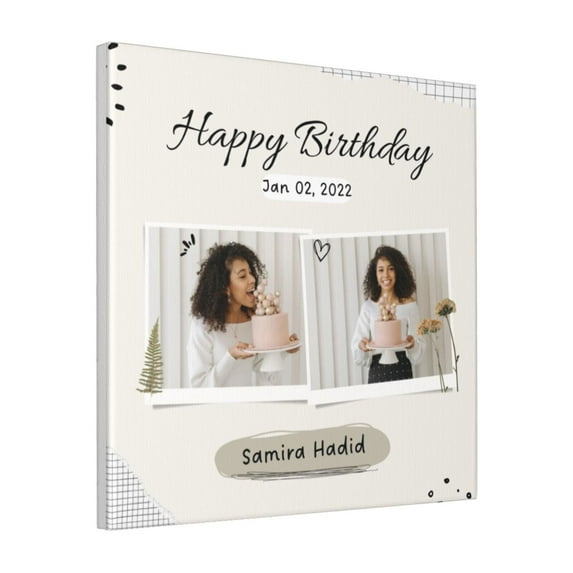 Custom Canvas Prints Black White Minimalist Happy Birthday Women Personalized Photo Image Collage DIY Framed Kit Wall Art Picture Room Decor 18x18 inch
