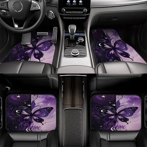 Custom Car Floor Mats in a Set of Four, Featuring Personalized Names Or Text Along with a Purple Butterfly Design. These Thick Mats Are Ideal for The Driver, Passenger, Rear Seats, And Trunk