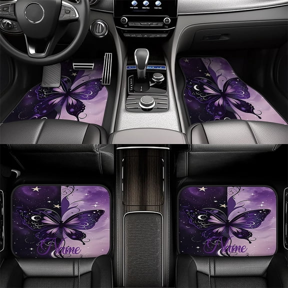 Custom Car Floor Mats in a Set of Four, Featuring Personalized Names Or Text Along with a Purple Butterfly Design. These Thick Mats Are Ideal for The Driver, Passenger, Rear Seats, And Trunk