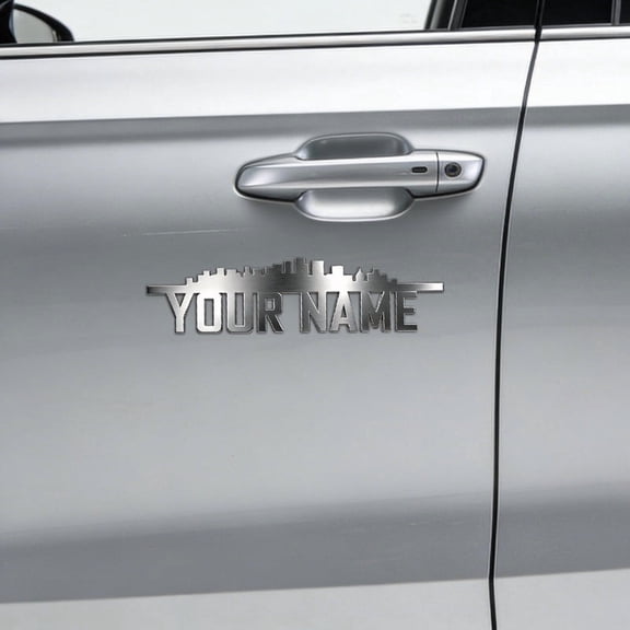 Custom Car Stickers, Custom Stainless Steel City Skyline Car Stickers, Personalized Name & Text Emblem, Waterproof Metal Decal for Cars, Vans, Boats, Bicycles, Refrigerators