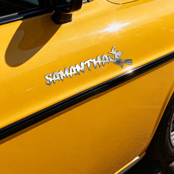 Custom Car Stickers, Stainless Steel Little Magic Witch & Halloween Decorations Car Stickers, Personalized Name & Text Emblem, Waterproof Metal Decal for Cars, Boats, Bicycles, Refrigerators, Doors