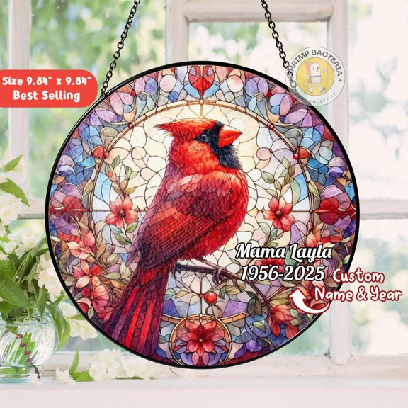 Custom Cardinal Loss Mom Dad Stained Glass Suncatcher, Memorial Grandma Sympathy Window Hanging, Cardinal Sign from Heaven, Remembrance Gift