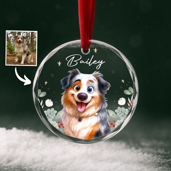Custom Cartoon Dog Heart Glass Ornament – Personalized “Animated Style” from Your Photo, Pet Lover Gift