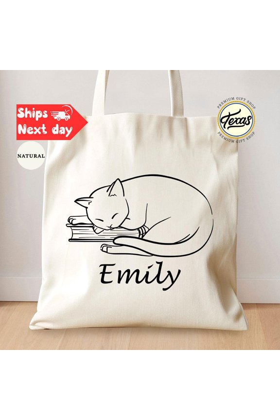 Custom Cat Book Tote Bag Personalized Book Lover Gift