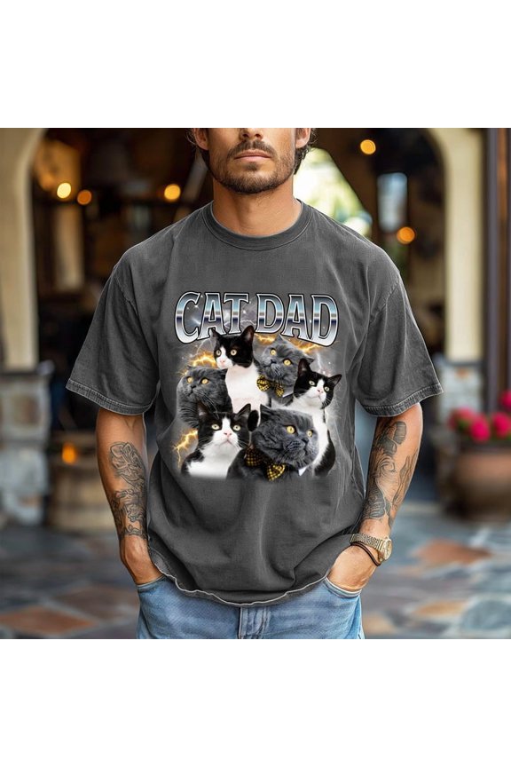 Custom Cat Dad Shirt - COMFORT COLORS Personalized Photo Gift for Cat Lover, Cat Dad, or Pet Parent - Customizable Bootleg Pet Photo Tee