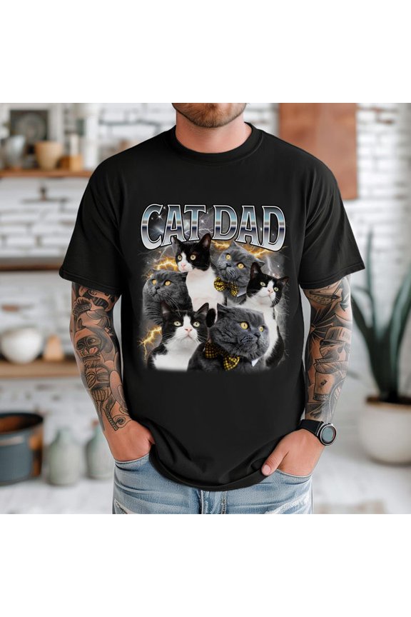 Custom Cat Dad Shirt - Personalized Photo Gift for Cat Lover, Cat Dad, or Pet Parent - Customizable Bootleg Pet Photo Tee