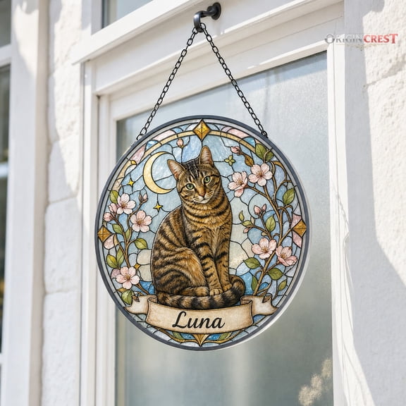 Custom Cat Memorial Suncatcher - Personalized Pet Portrait Stained Glass Sympathy Gift for Cat Lovers