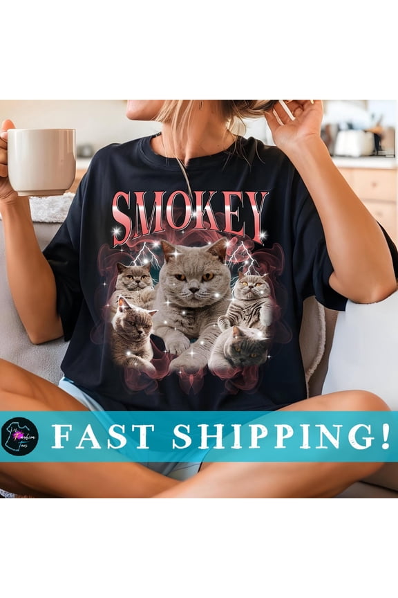 Custom Cat Photo Shirt with 90s Retro Bootleg Style, Personalized Pet Portrait Tee, Unique Picture Memorial Gift, Inspired Cat Lover Gift for Adults